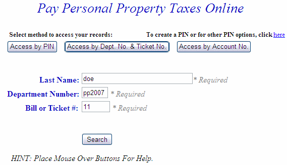 Department/Ticket Number example screen